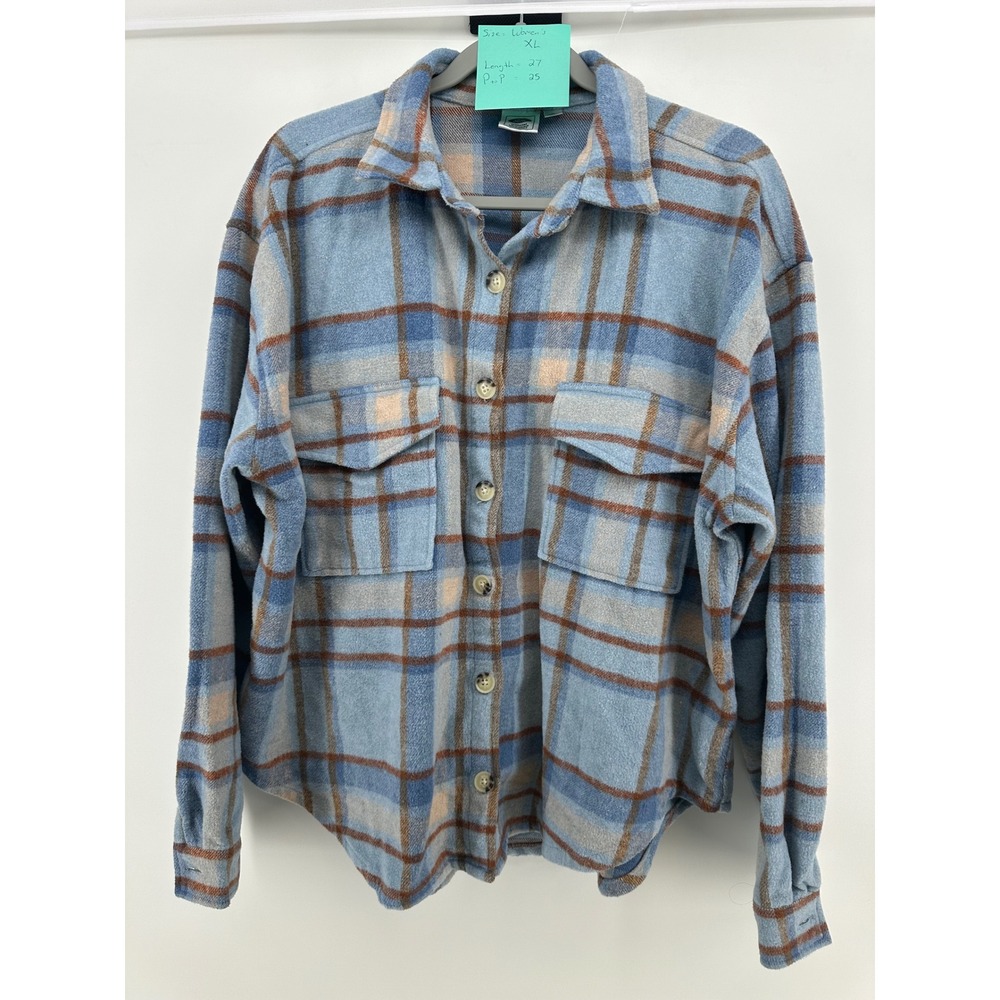 Ford Bronco Plaid Flannel Shirt Womens XL Blue Brown Back Graphic Button Down